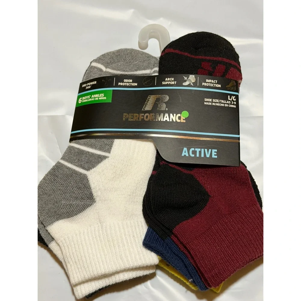Russell Performance Active Socks Multicolor Ankle Arch Support Impact Boys L 3-9